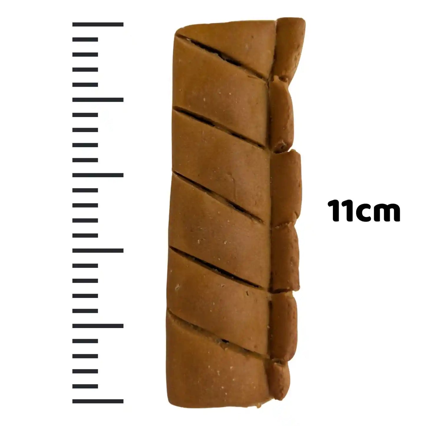Large Beggs dog treat beside a measuring tape