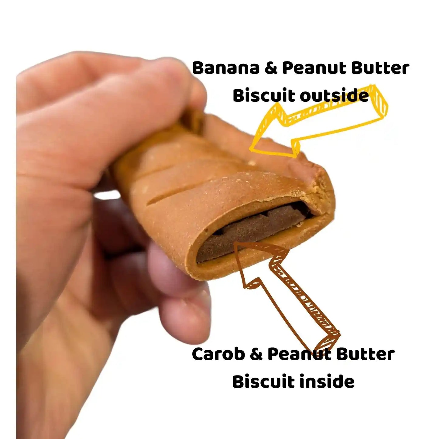 Beggs dog treats in a hand with flavour information