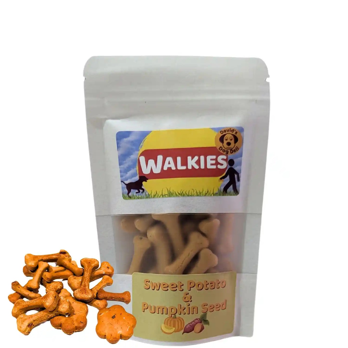 Walkies dog treats packaging with sweet potato and pumpkin seed flavor on a white background