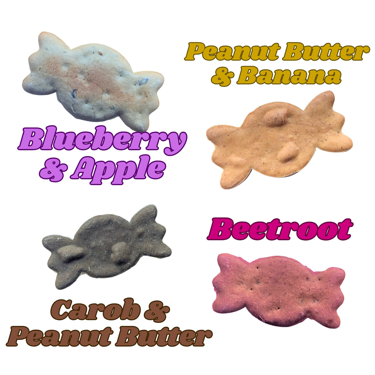 Four sweetie shaped dog treats arranged on a white background with colorful text labels: Blueberry & Apple, Peanut Butter & Banana, Carob & Peanut Butter, and Beetroot.