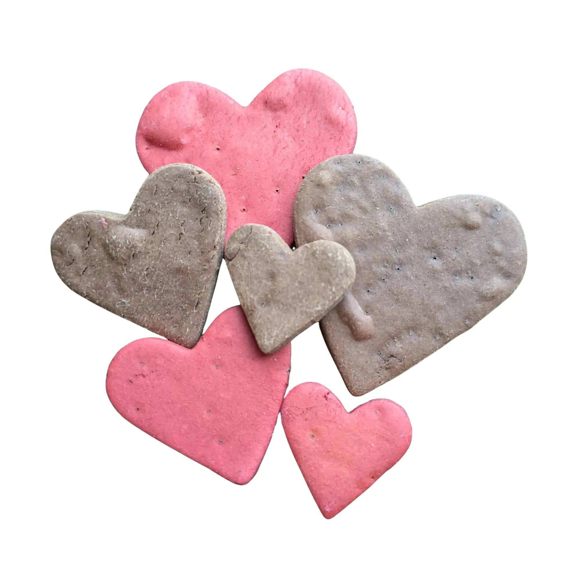 Valentinesn Heart-shaped dog treats in beetroot and carob, grain-free and vegan
