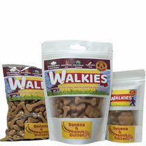 vegan dog treats - Walkies Peanut butter & banana 3 sizes of bags