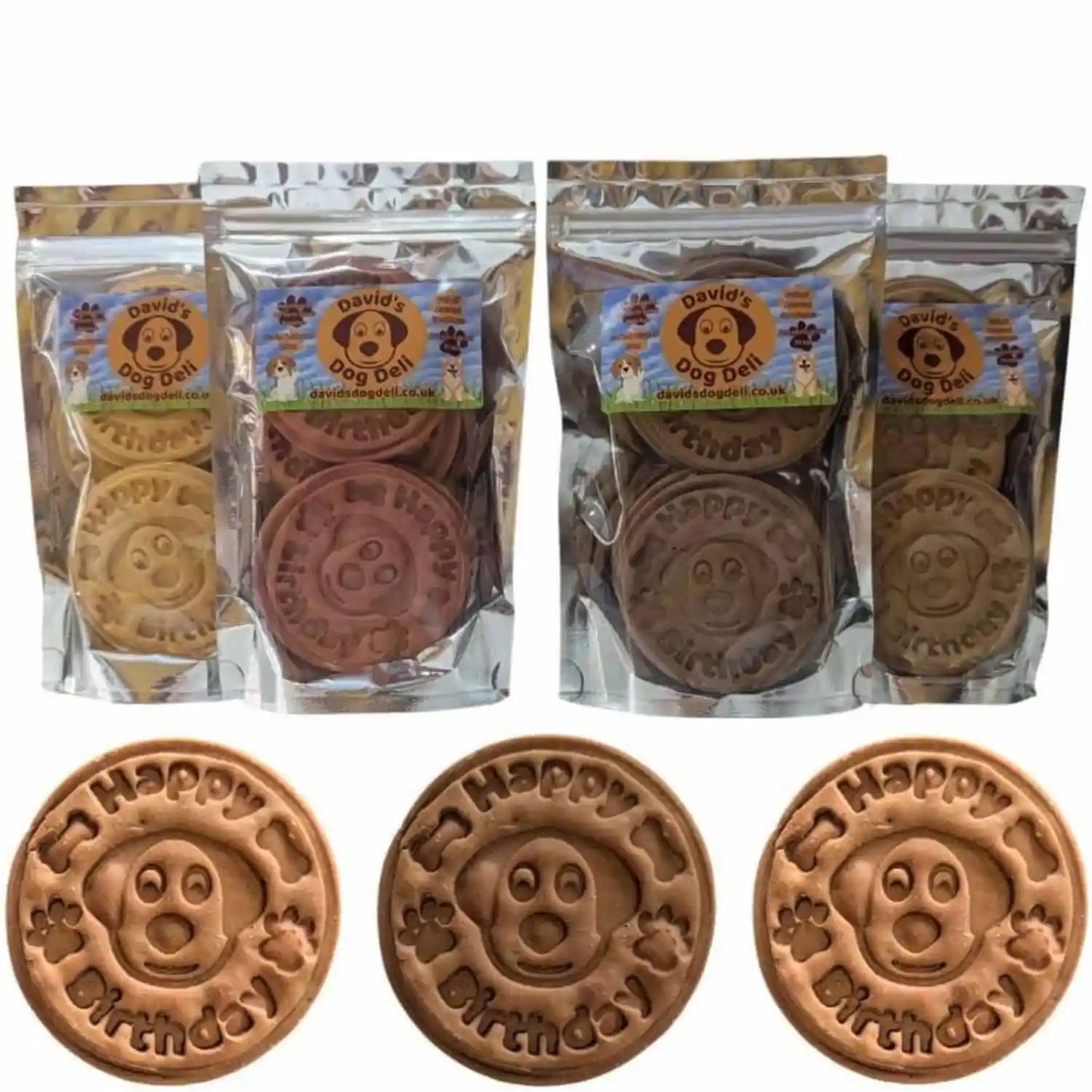 Dog biscuits with 'Happy Birthday' design in clear packaging, branded 'David's Dog Biscuits'.
