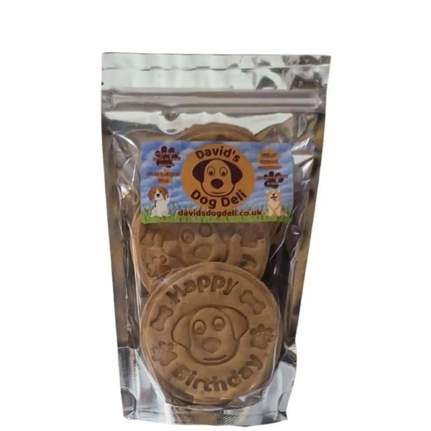 Packaged dog treats with 'Happy Birthday' design from David's Dog Deli on a white background
