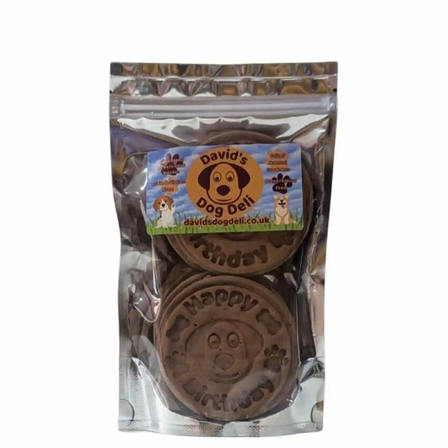 Packaged dog treats with 'Happy Birthday' text and 'David's Dog Deli' branding.