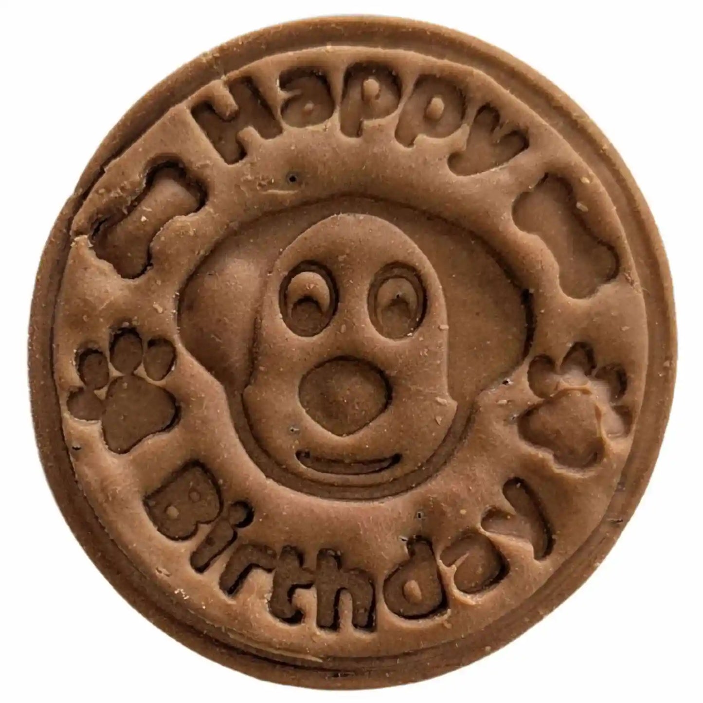 Brown dog treat with 'Happy Birthday' and paw prints on a white background