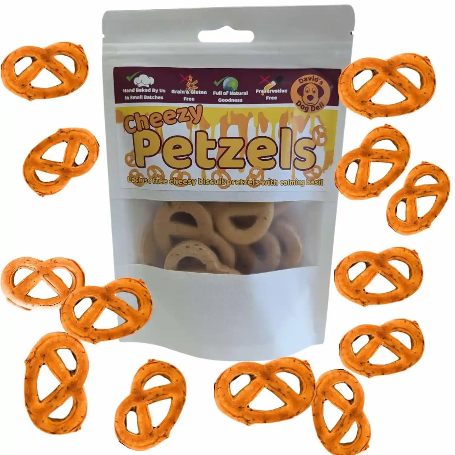 Bag of Cheezy Petzels with pretzel-shaped dog treats on a white background