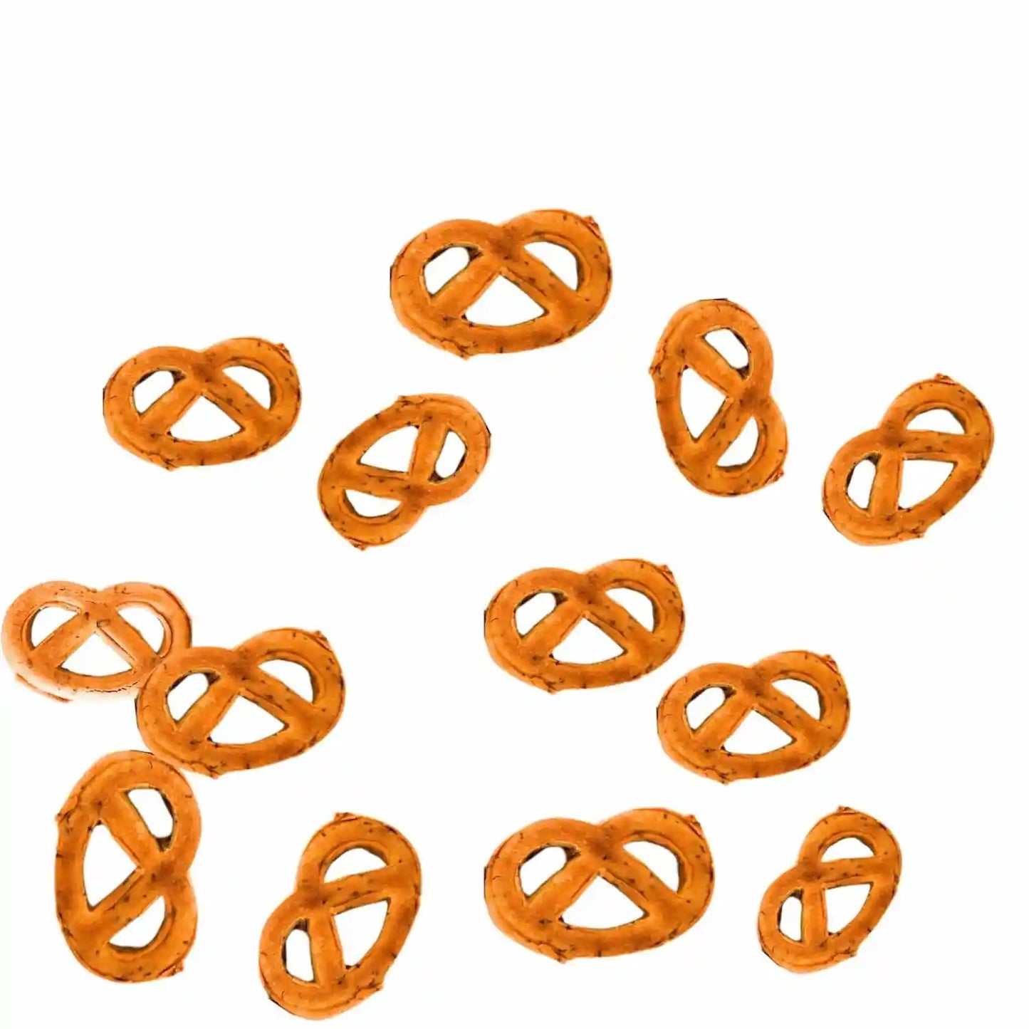Multiple pretzels scattered on a white background