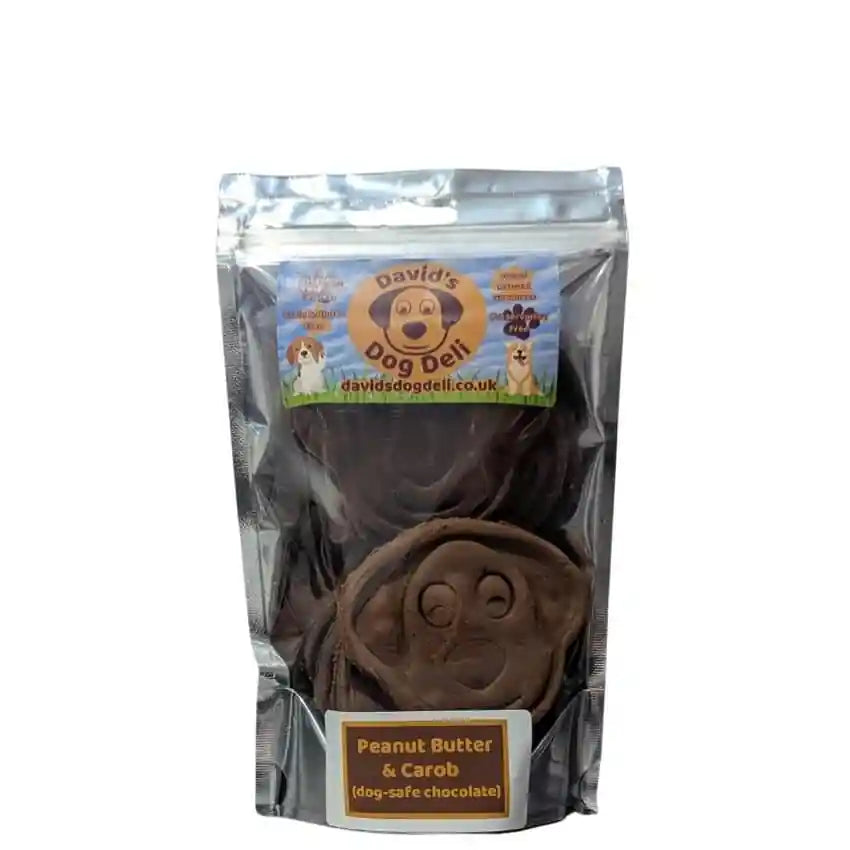 Packaged dog treats with 'David's Dog Deli' branding on a white background