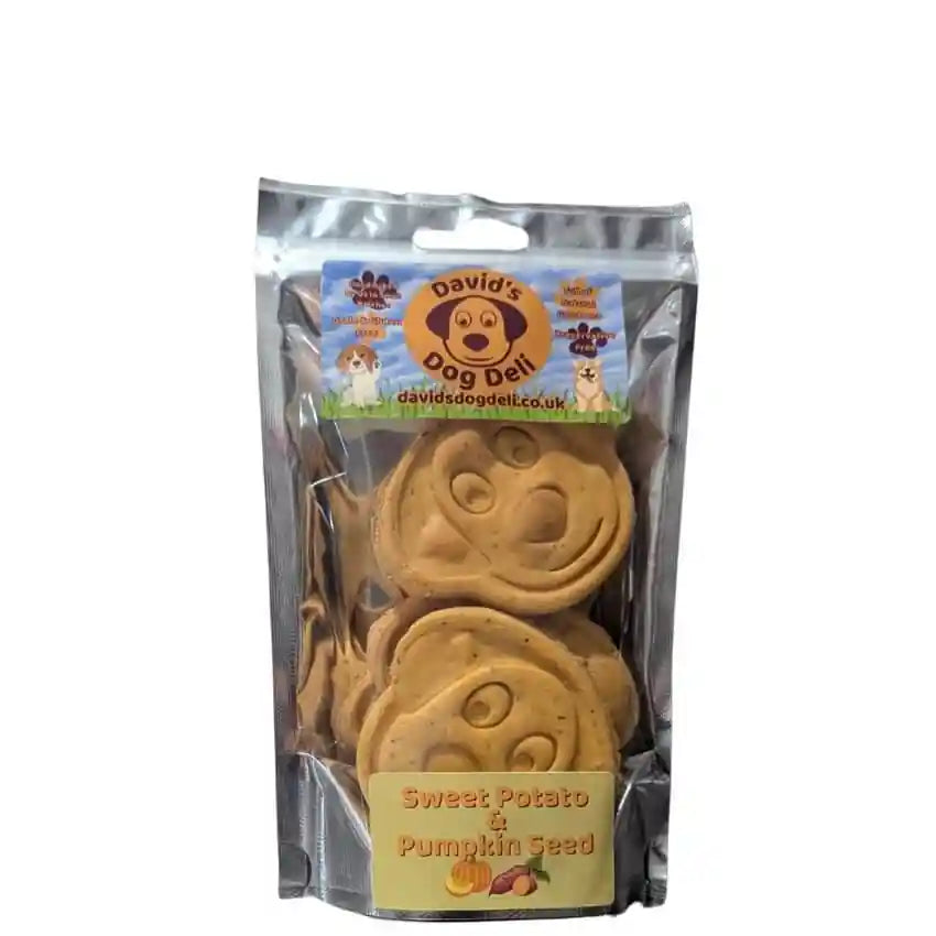 Packaged dog treats with 'David's Dog Deli' branding on a white background