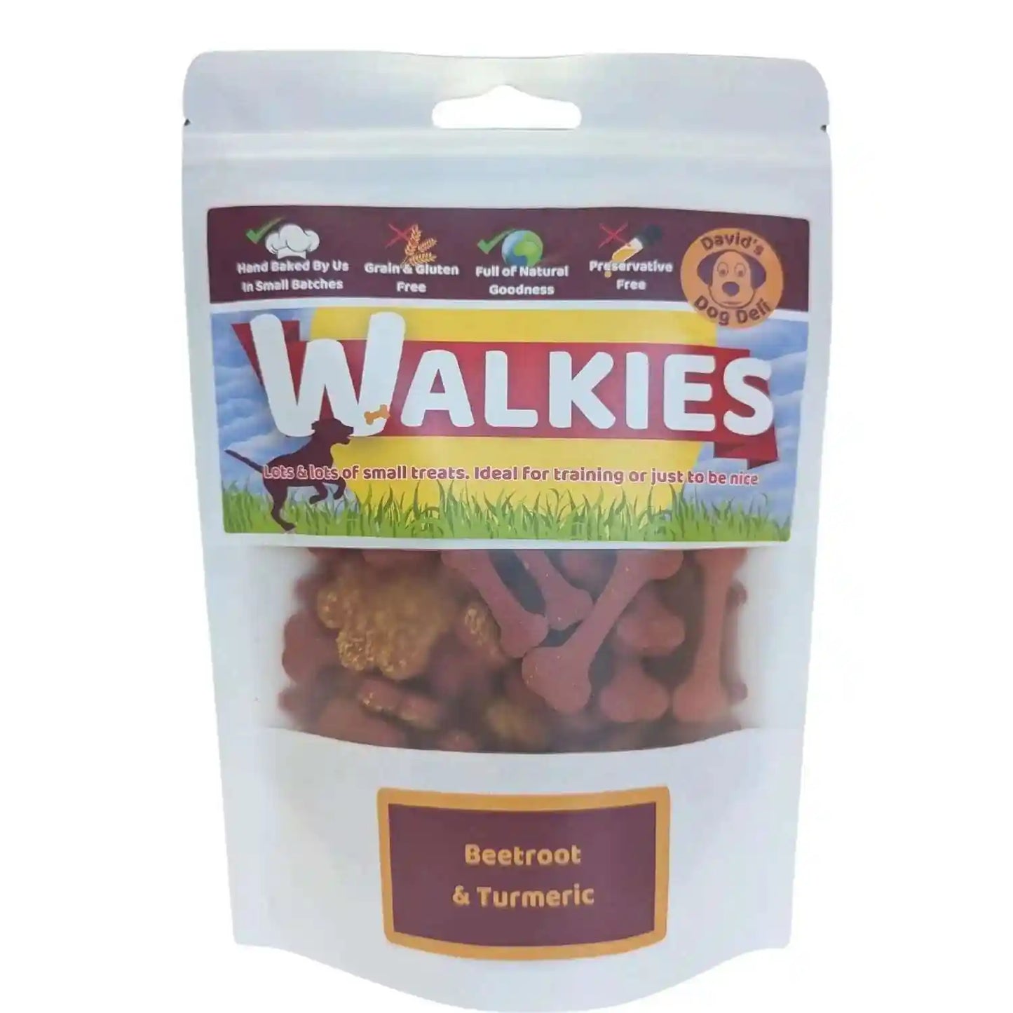 Packaging of Walkies dog treats with visible text and branding on a white background