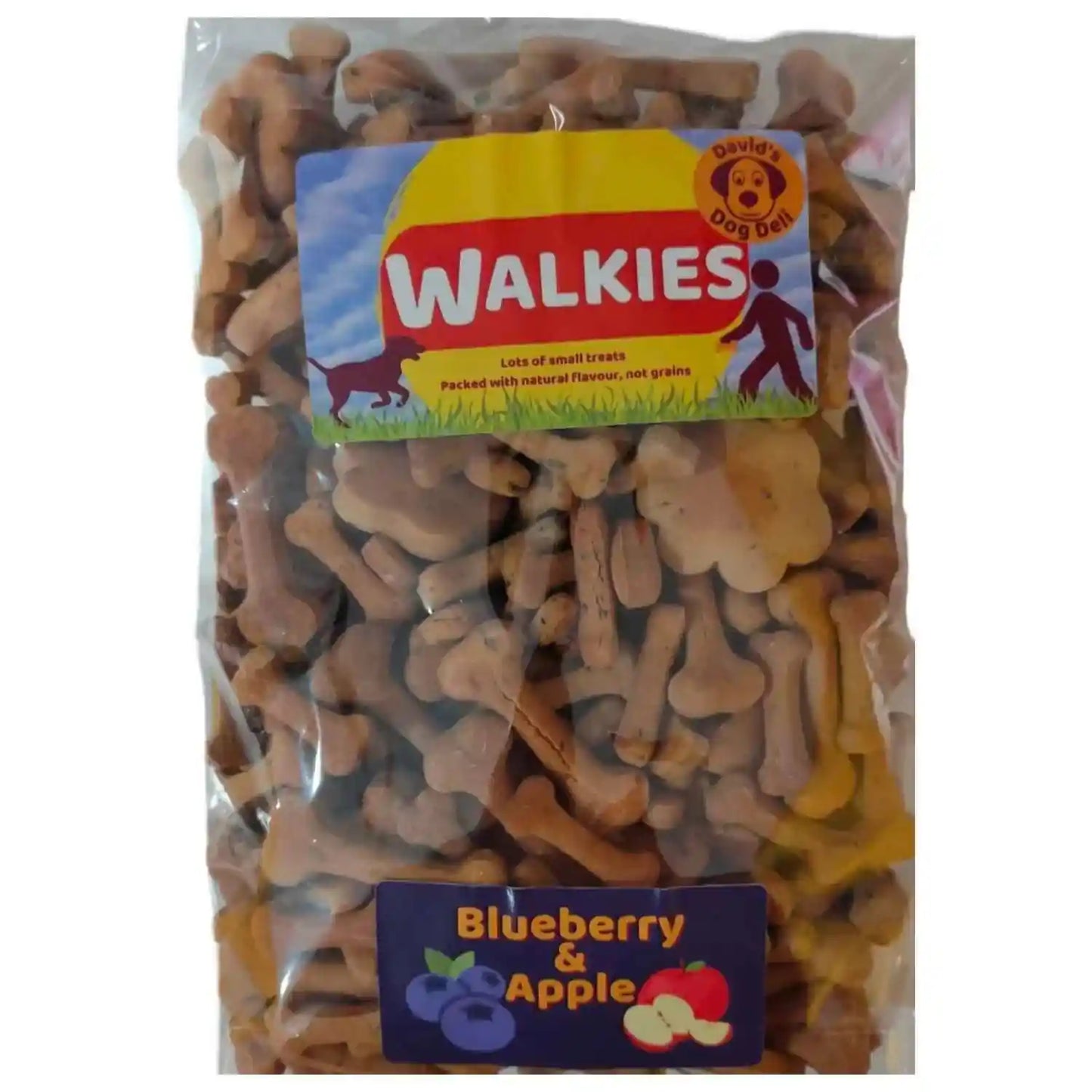 Packaged dog treats with 'Walkies' branding on a white background