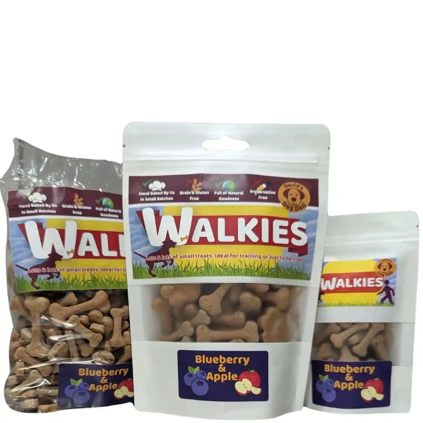 Walkies dog treats packaging with blueberry and apple flavor on a white background