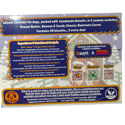 Image shows the rear side of an advent calendar for dogs, showing all the ingredients and nutritional information