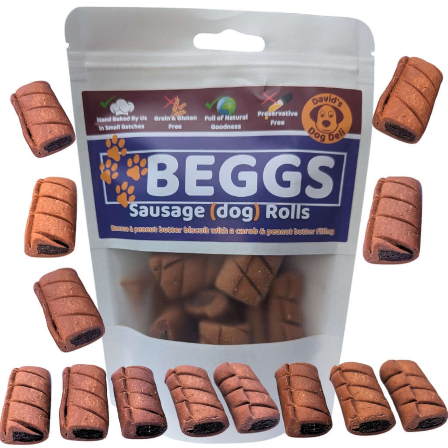 Sausage Rolls for Dogs - Beggs bag surrounded by sausage rolls
