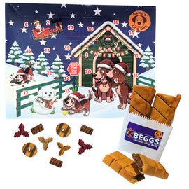 A Christmas-themed dog advent calendar with numbered doors showing festive illustrations, alongside several brown dog treats and a paper bag labeled 'BEGGS sausage dog rolls.