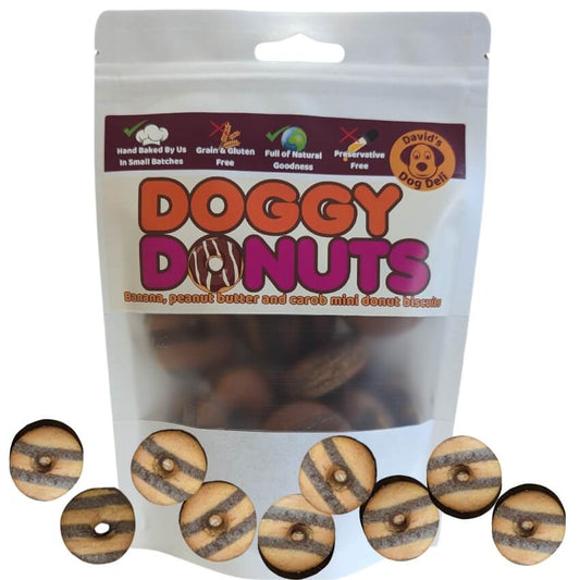 Doggy Donuts. Hypoallergenic dog treats. Fun & chunky. Peanut Butter, Banana & Carob 