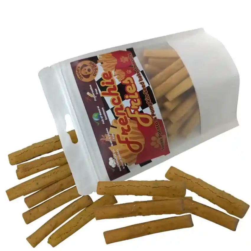 Bag of Frenchie Fries dog treats with treats spilling out on a white background
