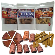 Assorted dog treats from different brands with packaging displayed above.