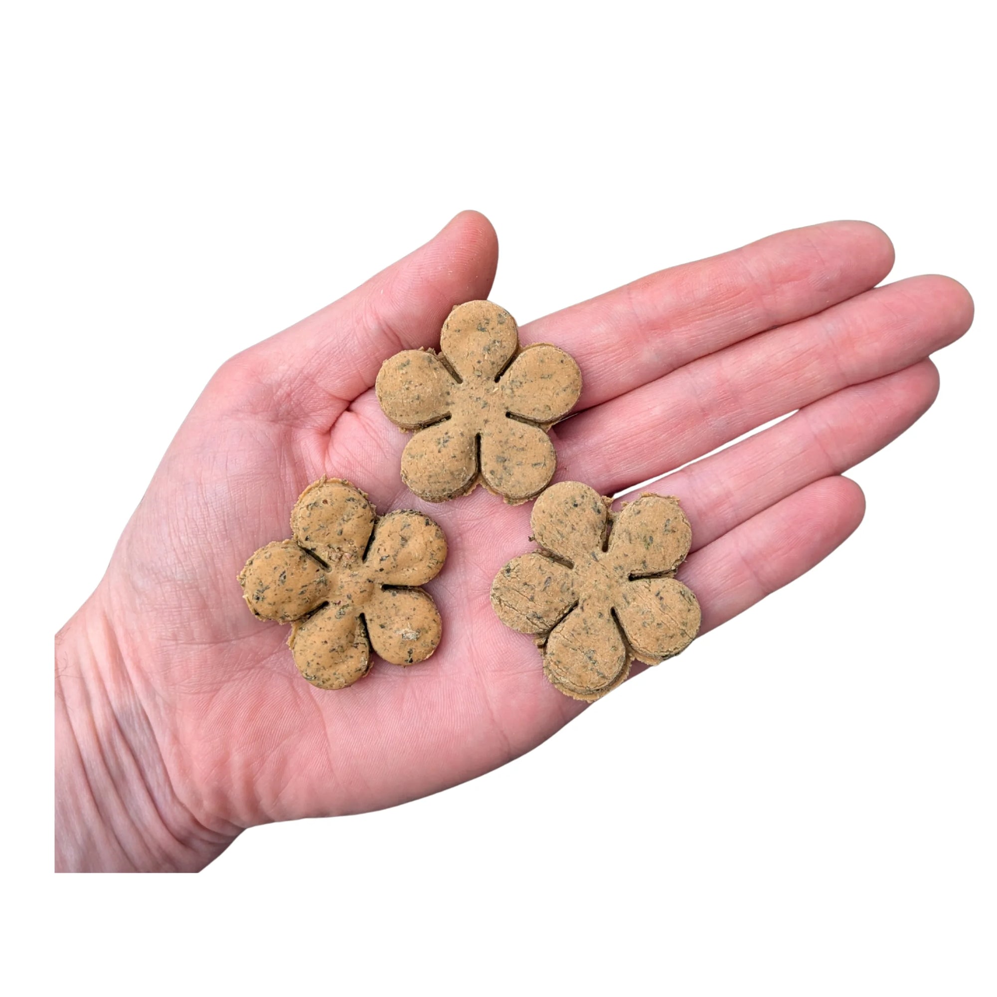 Three small flower-shaped dog treats resting on an open human hand against a plain white background.