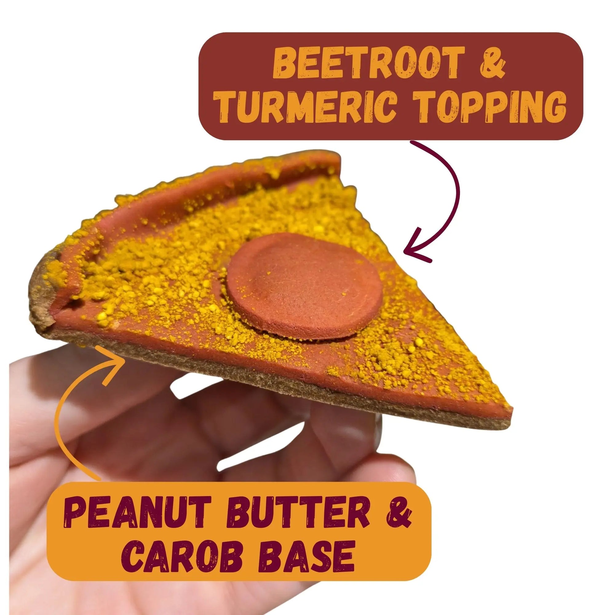Pizza shaped biscuit dog treats with beetroot, carob, peanut butter and turmeric