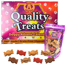 David's Dog Dept. Quality Treats Doggy Advent Calendar set, featuring the colorful advent calendar box, a bag of mixed dog treats, and several dog-shaped treats arranged in front on a white background.