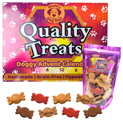 David's Dog Dept. Quality Treats Doggy Advent Calendar set, featuring the colorful advent calendar box, a bag of mixed dog treats, and several dog-shaped treats arranged in front on a white background.
