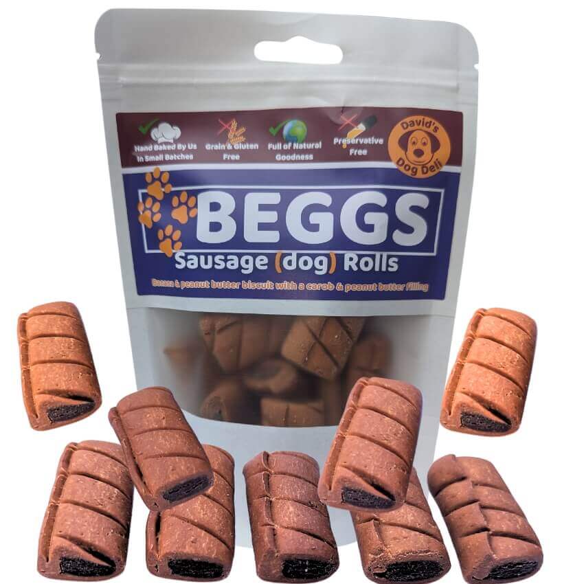 Fun Sausage rolls shaped hypoallergenic dog treats. Beggs