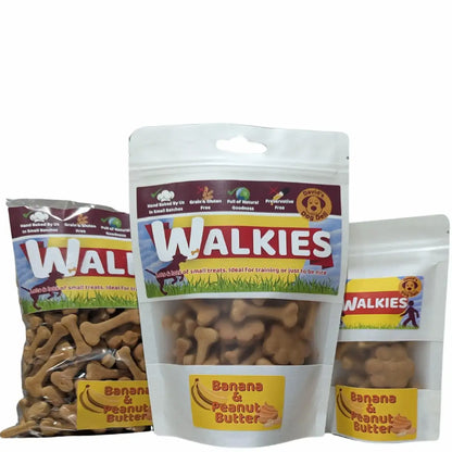 vegan dog treats - Walkies Peanut butter & banana 3 sizes of bags  
