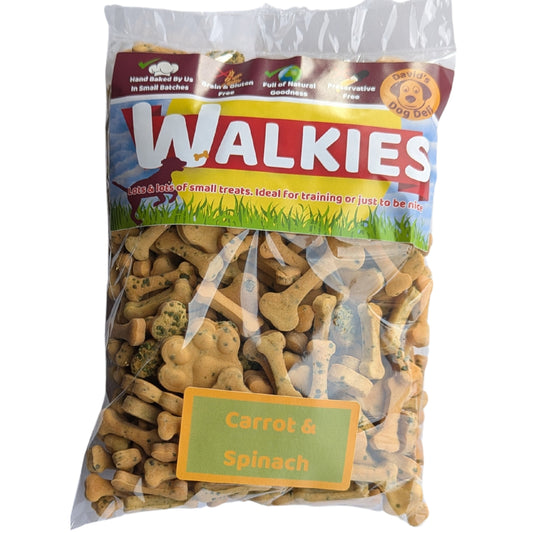 Walkies, vegan dog treats, carrot, spinach & coconut oil, large eco bag