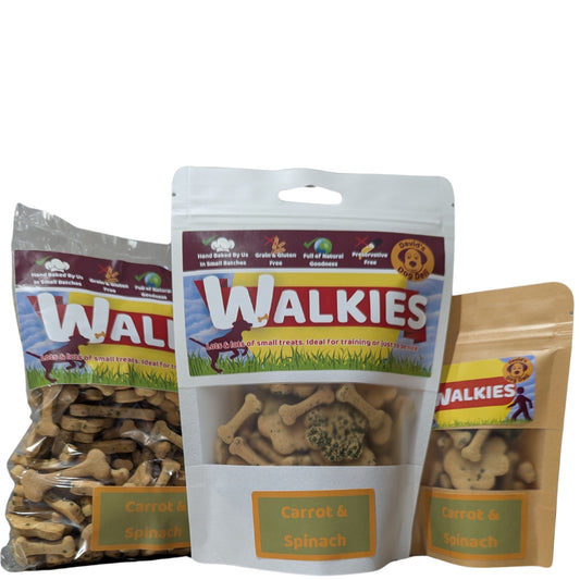 Walkies, vegan dog treats, carrot, spinach & coconut oil, 3 sizes