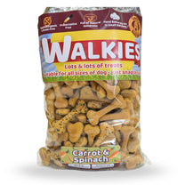 A bag of Walkies Carrot & Spinach dog treats, showing the brown and yellow packaging with a clear lower section displaying the bone-shaped treats inside, on a white background.
