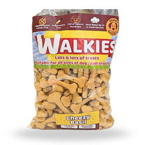 A bag of David's Dog Deli Walkies Chezy Biscuit dog treats, showing the bone-shaped treats visible through the clear packaging against a white background.