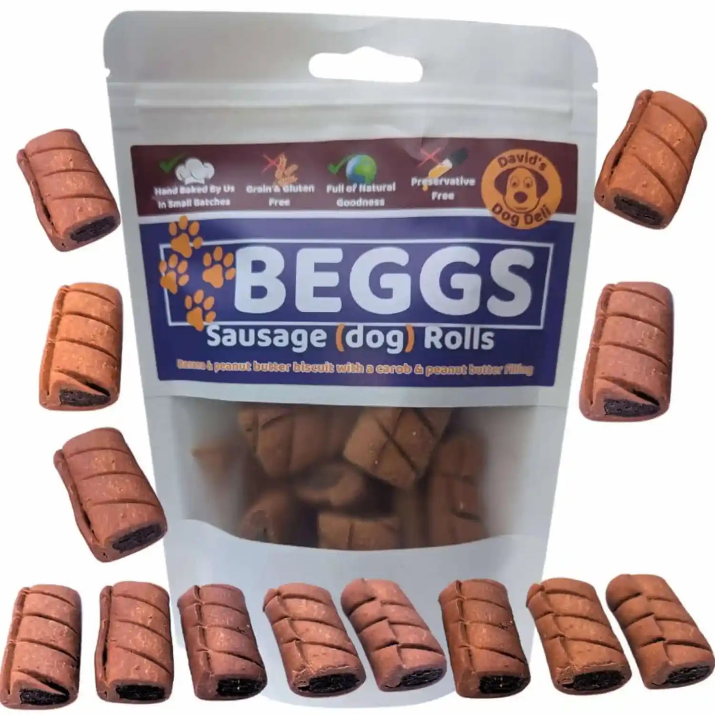 Beggs Sausage Dog Rolls packaging with multiple rolls displayed around it.