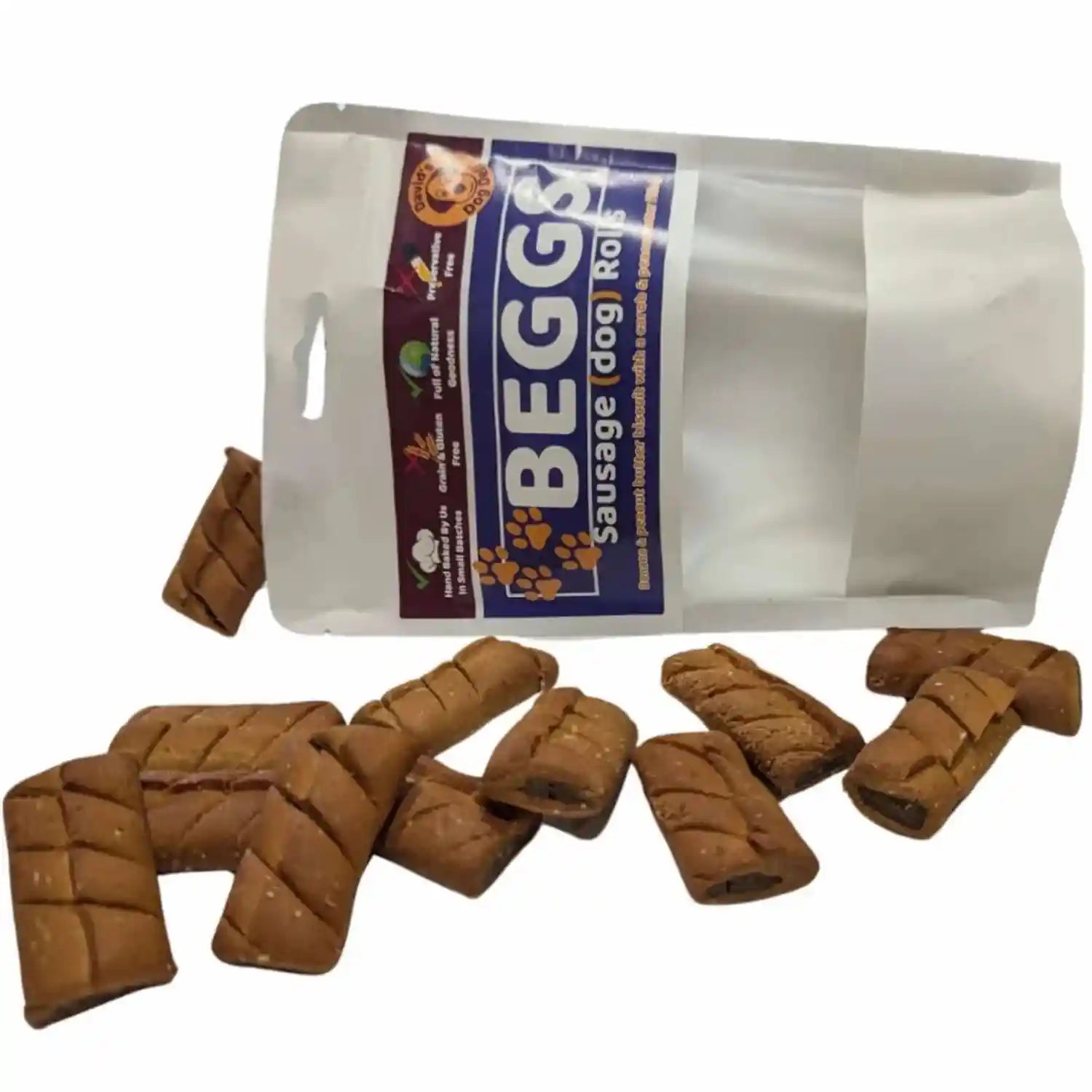 BEGGS sausage dog rolls with packaging on a white background