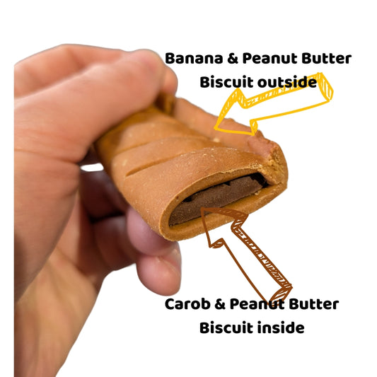 Beggs – peanut butter & banana hypoallergenic dog treats, in a hand, sausage roll shape, for dogs with sensitivities