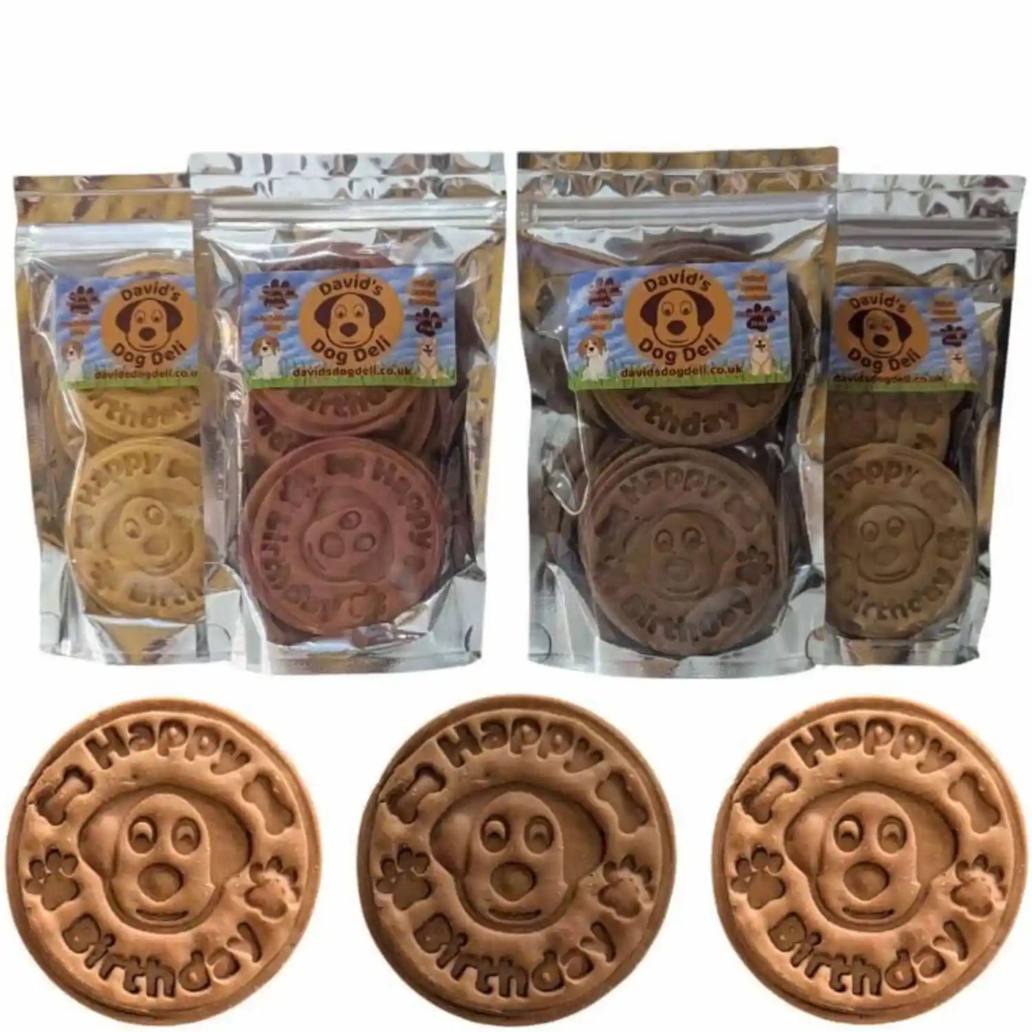 Dog biscuits with 'Happy Birthday' design in clear packaging, branded 'David's Dog Biscuits'.