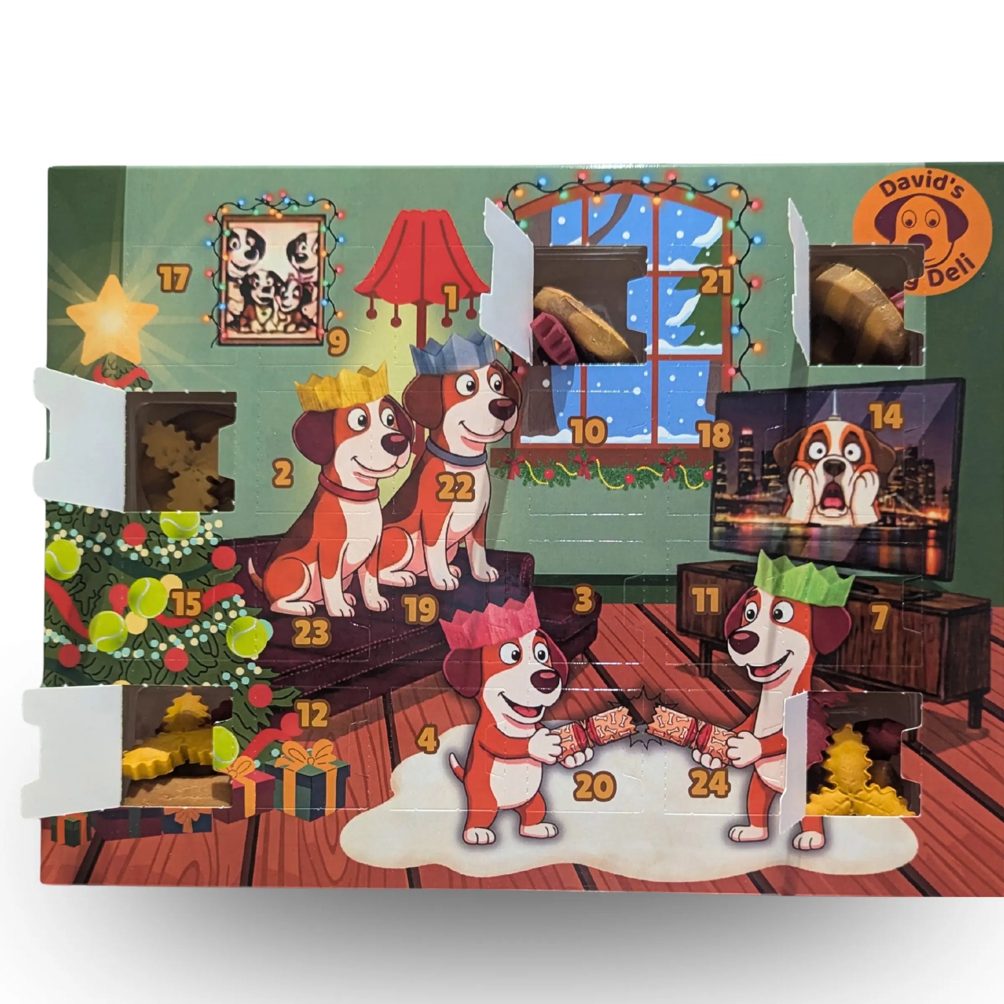 Dog treat advent calendar with dog biscuits and open doors