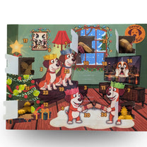 Dog treat advent calendar with dog biscuits and open doors
