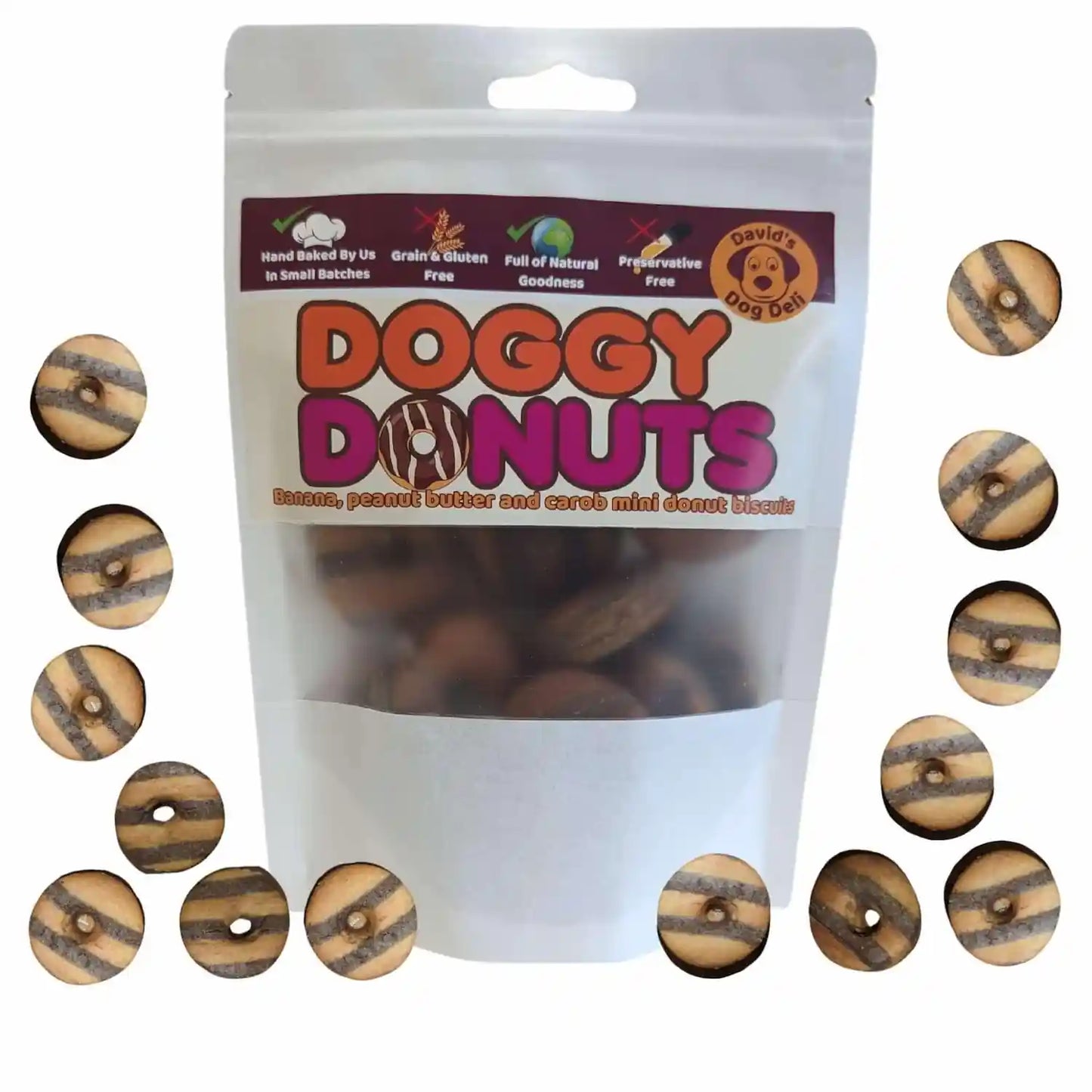 Bag of Doggy Donuts with mini donut treats displayed around it on a white background