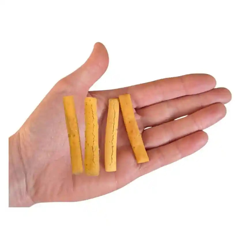 Hand holding four yellow cylindrical objects against a white background