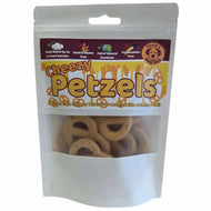 Package of Cheezy Petzels dog treats with visible text and branding.