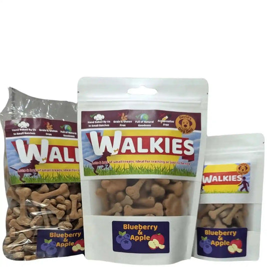 Walkies dog treats packaging with blueberry and apple flavor on a white background