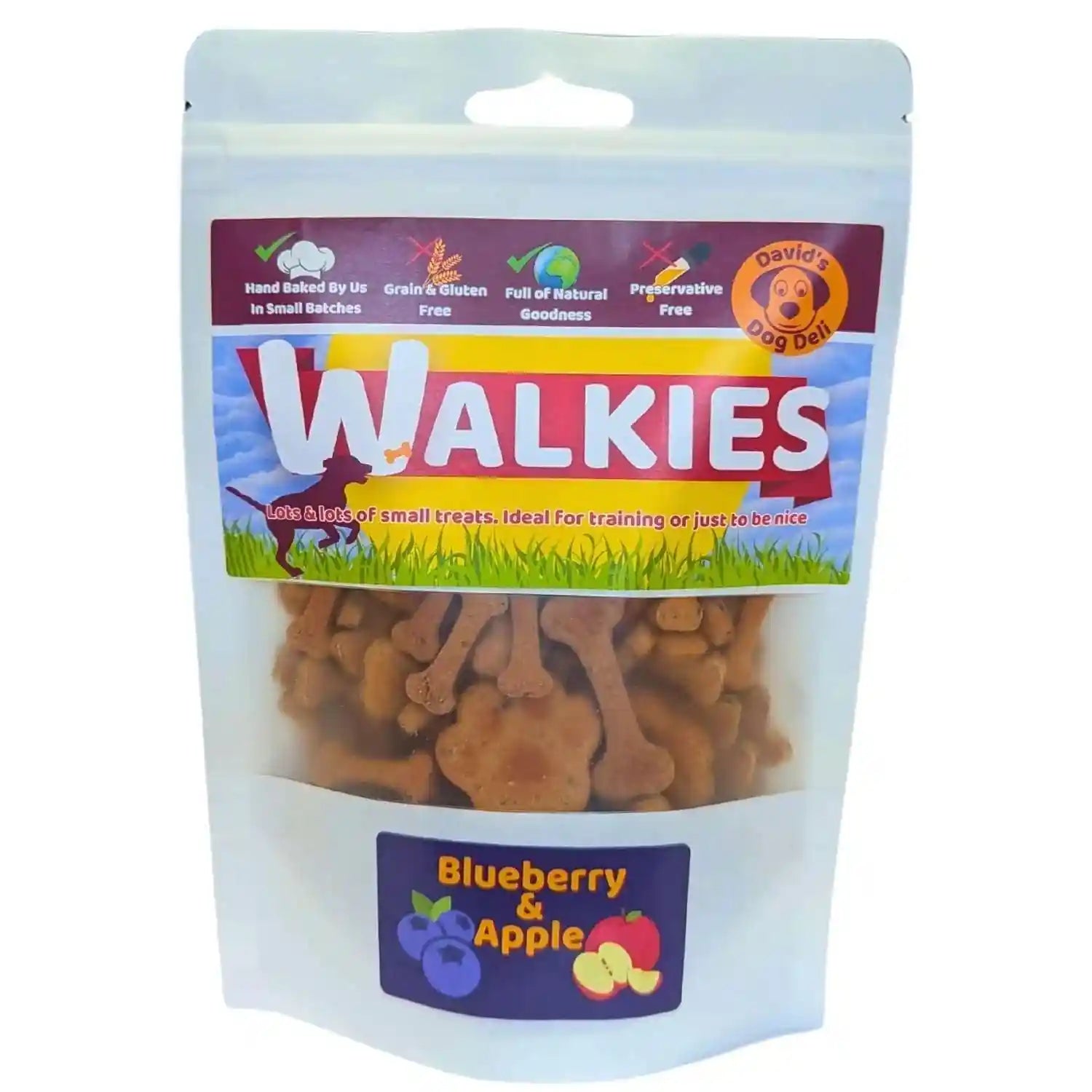 Packaging of Walkies Blueberry & Apple dog treats on a white background