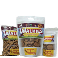 Walkies Banana & Peanut Butter dog treats packaging on a white background