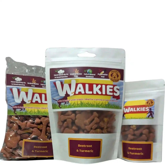 Walkies dog treat packages with visible branding on a white background