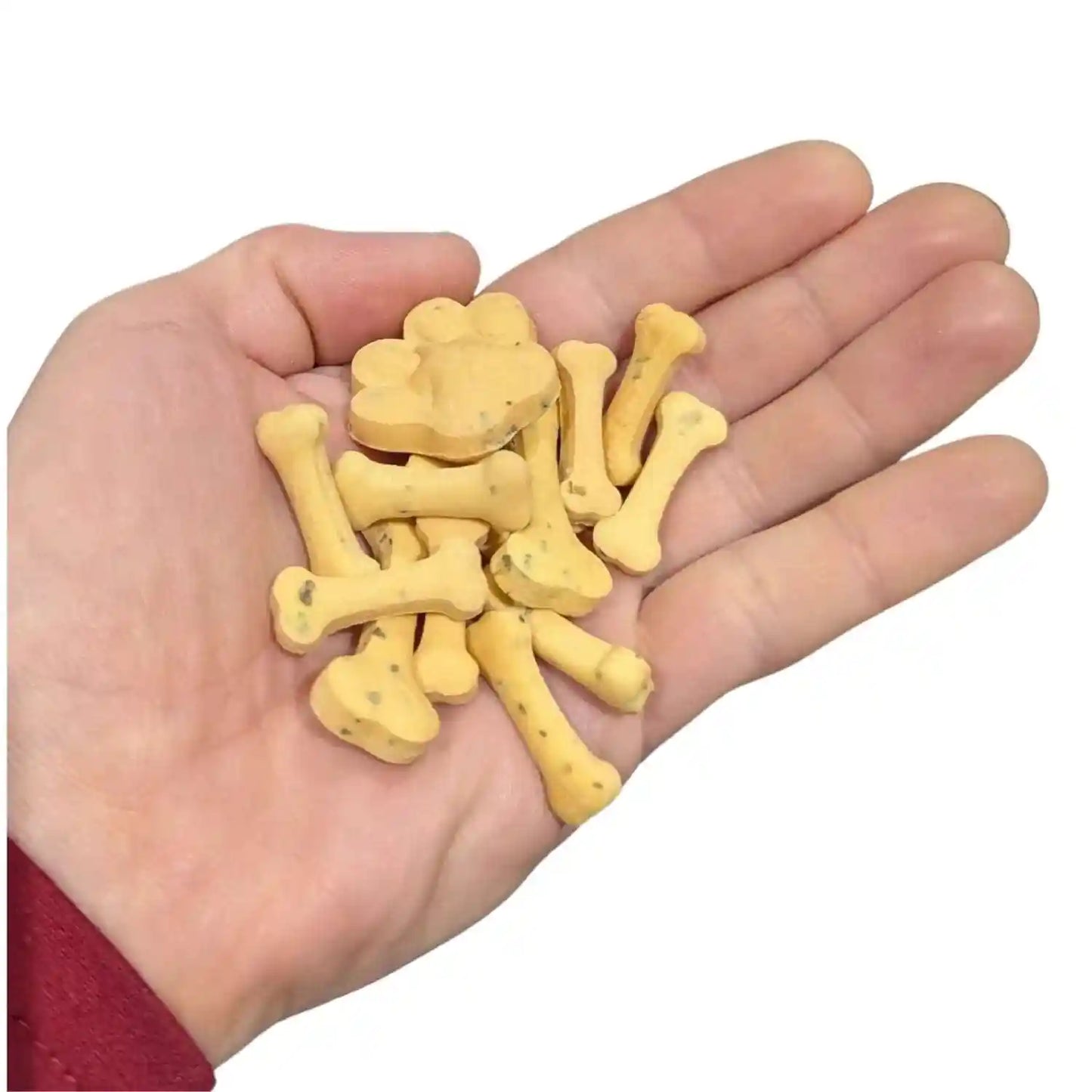 Hand holding yellow bone-shaped treats on a white background
