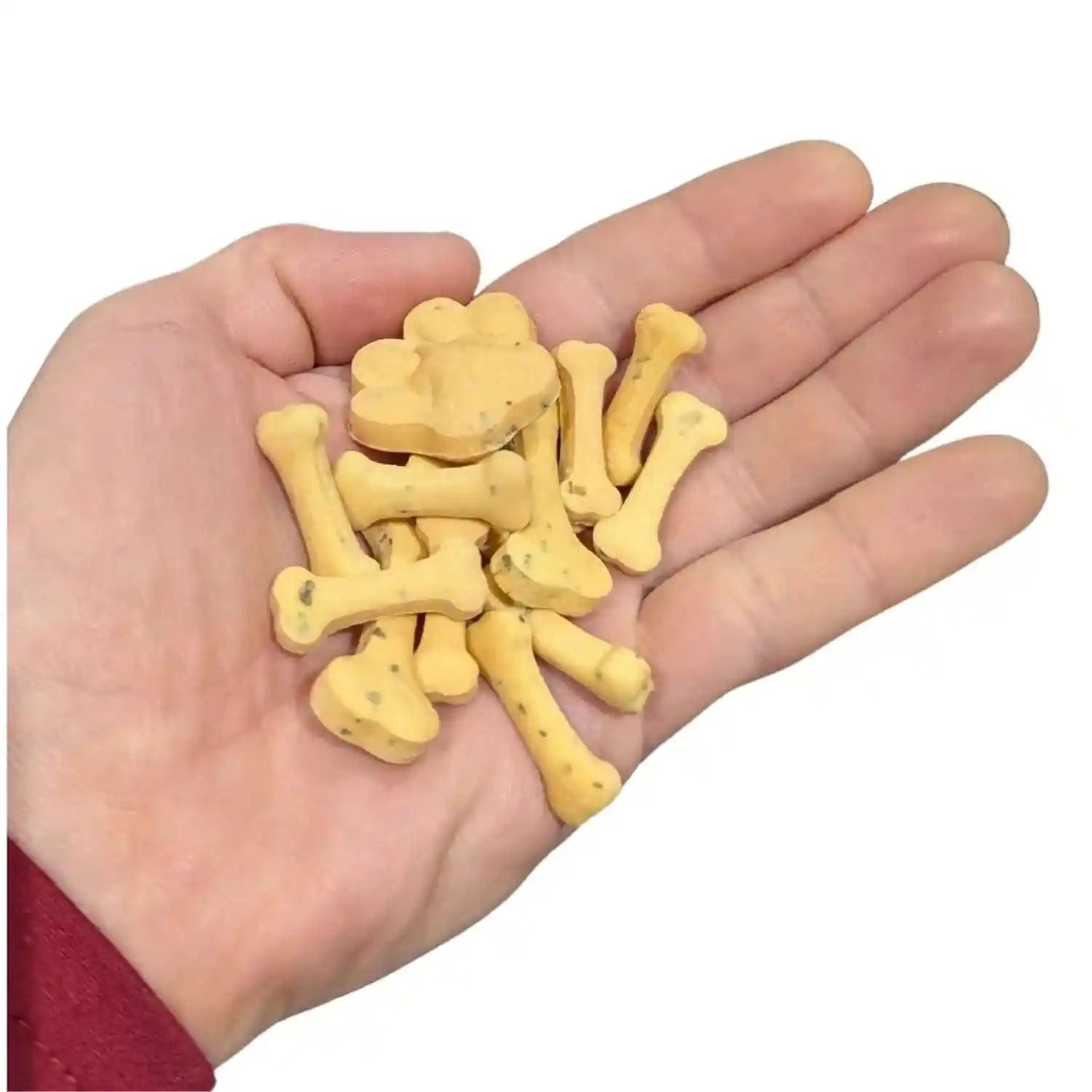 Hand holding yellow bone-shaped treats on a white background