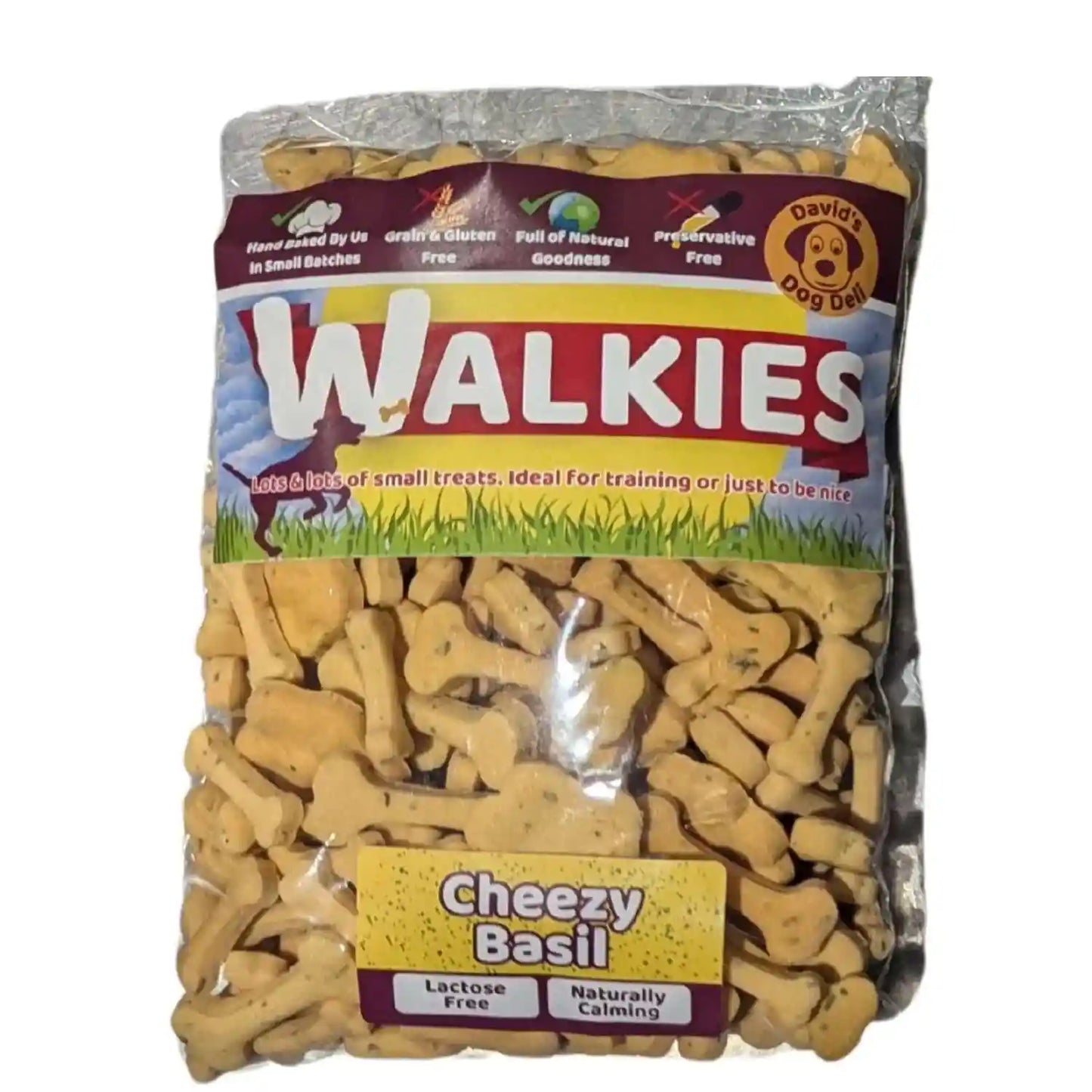 Pack of Walkies Cheezy Basil dog treats with visible packaging on a white background