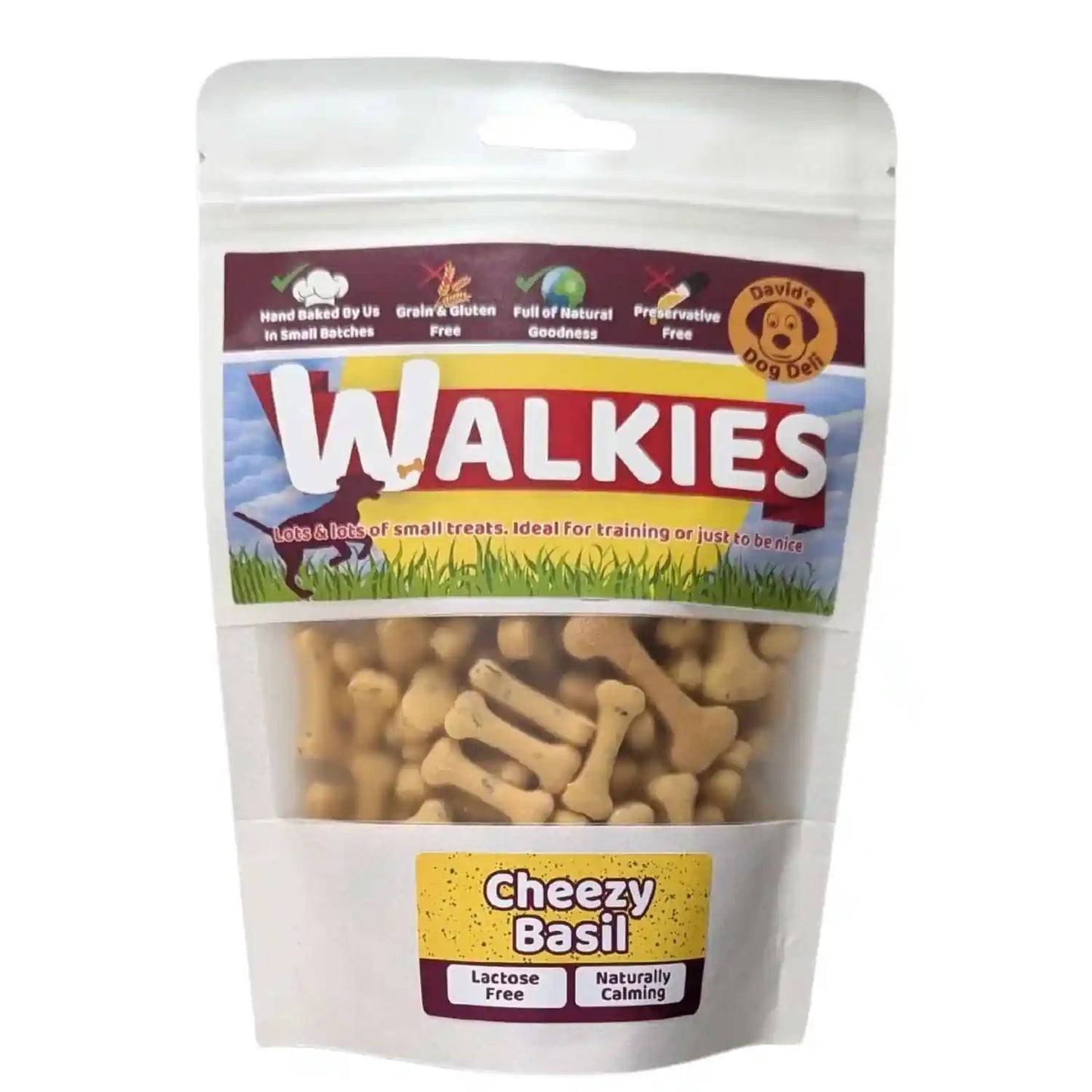 Packaging of Walkies Cheezy Basil dog treats on a white background